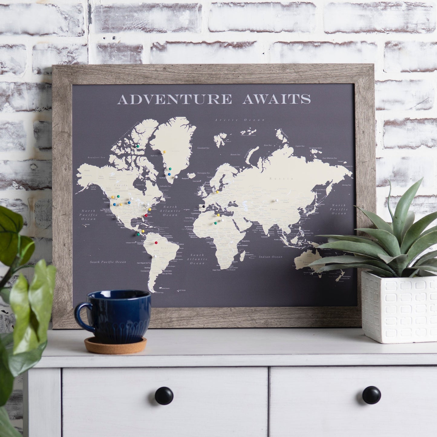 Framed World Push Pin Map - Charcoal Grey