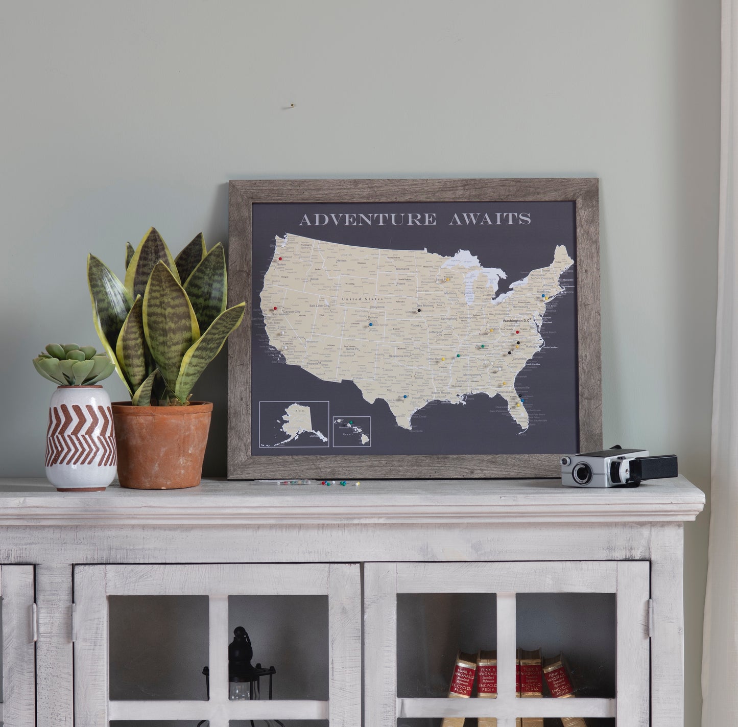 Framed USA Push Pin Map - Charcoal Grey