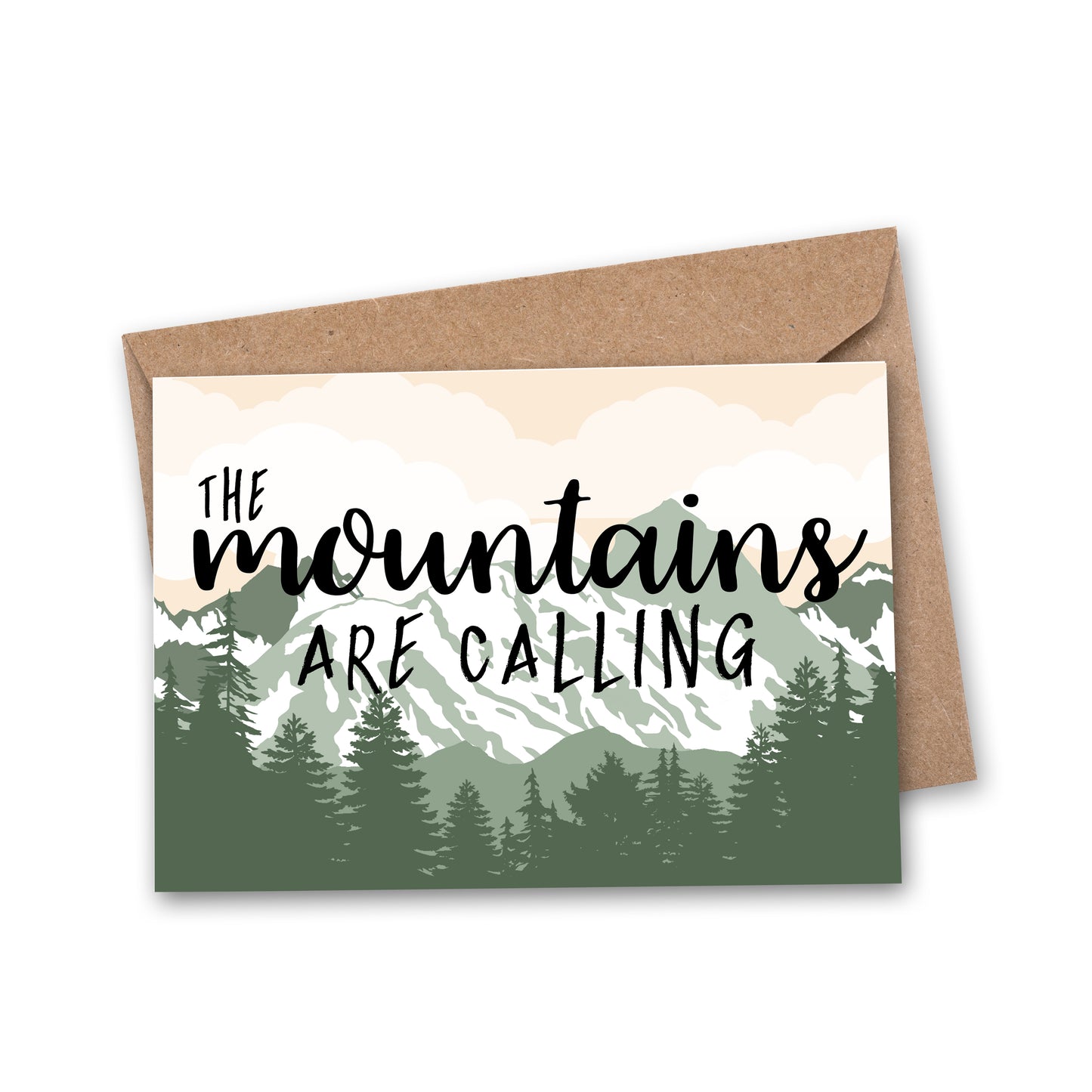 the mountains are calling quote printed on illustration of mountains and forest.