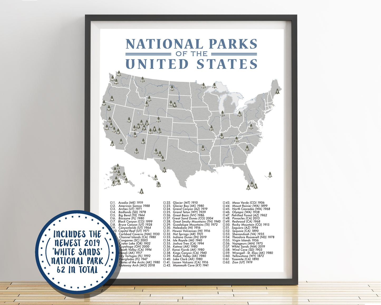 National Parks Map Checklist Poster Grey/Blue - 62 Parks