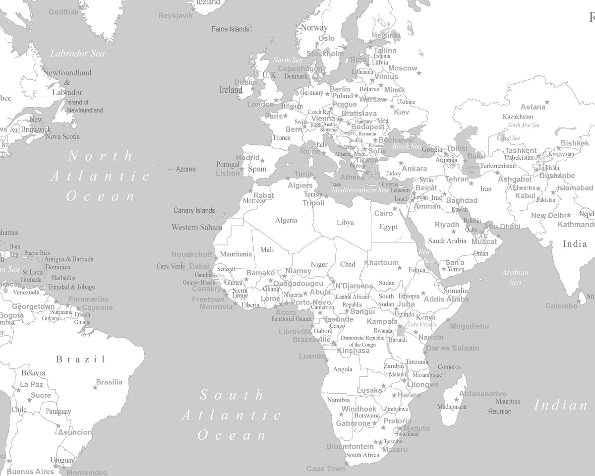 World Map with Countries - Black and White