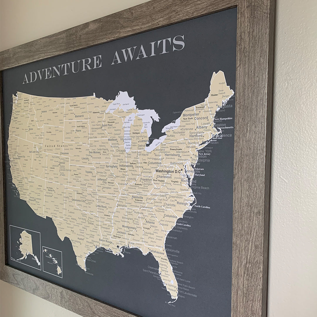 Framed USA Push Pin Map - Charcoal Grey