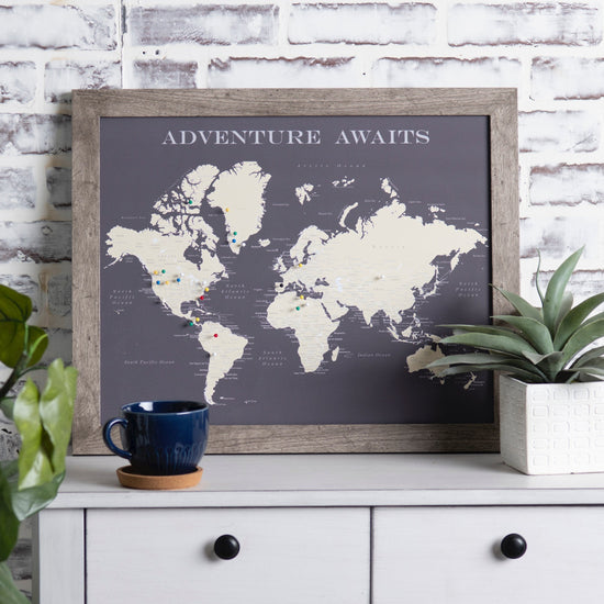 Load image into Gallery viewer, Framed World Push Pin Map - Charcoal Grey
