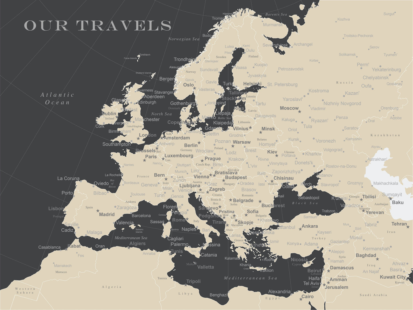 Framed Europe Push Pin Map - Charcoal Grey