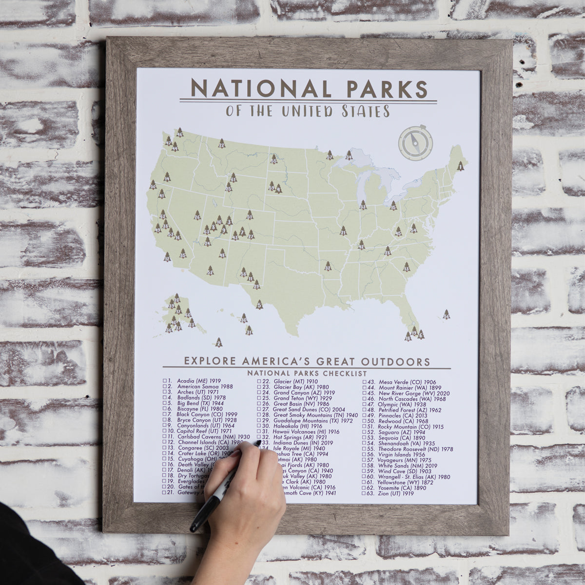 Framed National Parks Checklist - 63 Parks