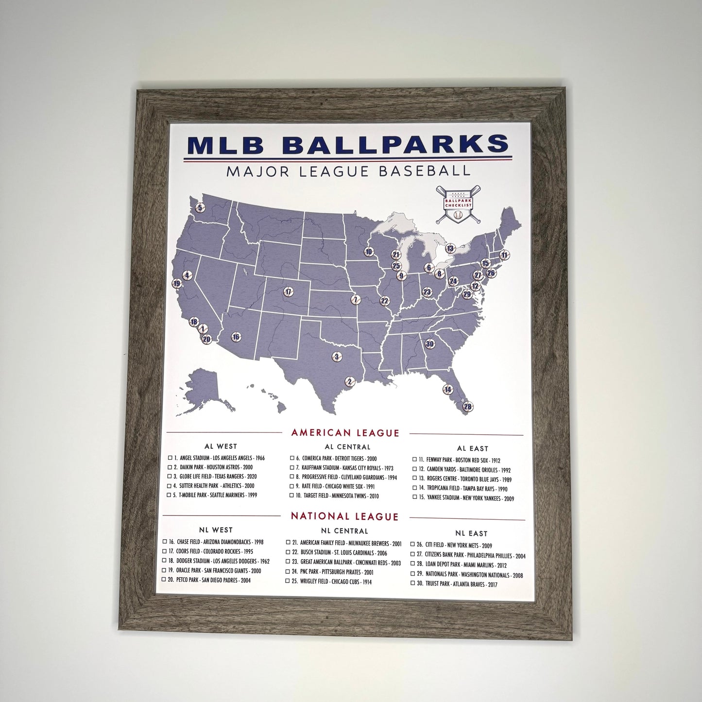 Framed MLB Ballpark Push Pin Map