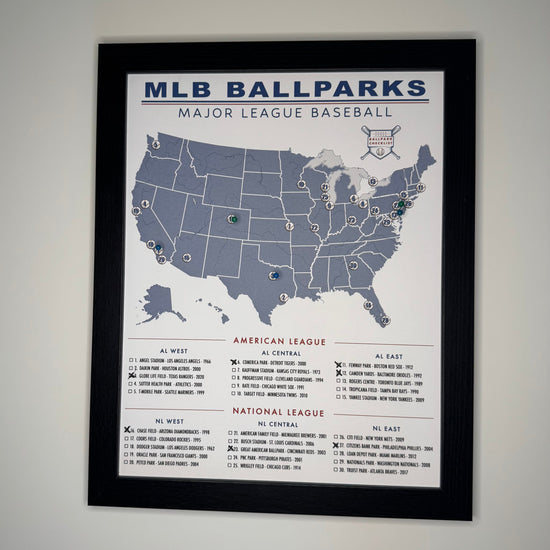 Framed poster of MLB ballparks map on a gray wall