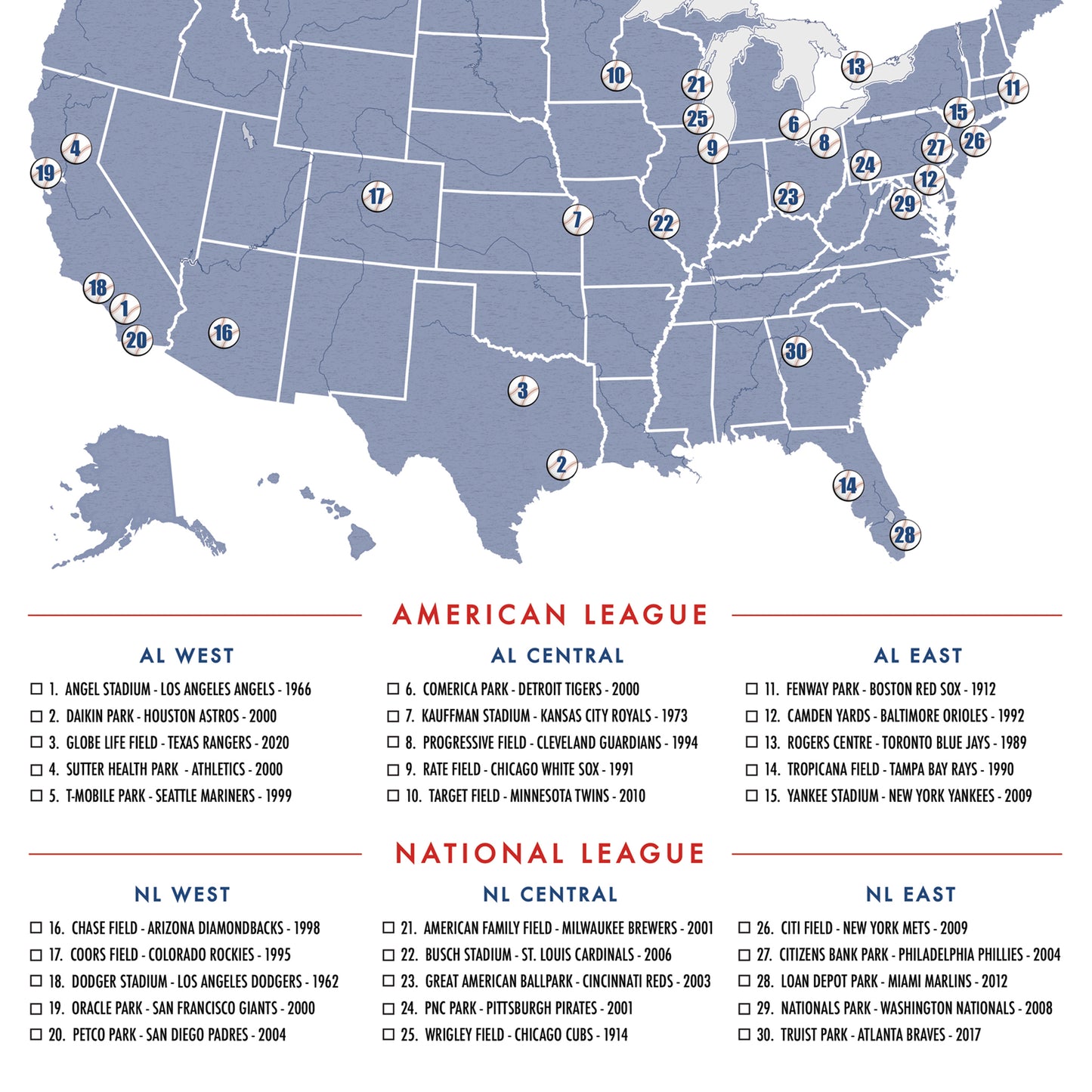 Framed MLB Ballpark Push Pin Map