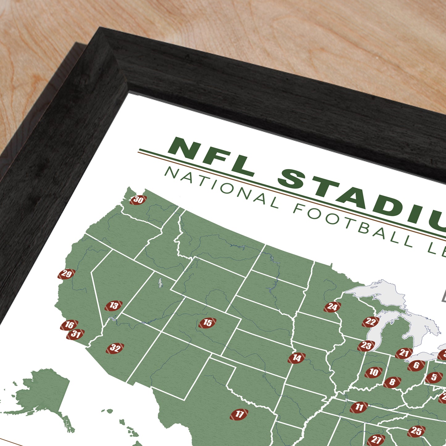 Framed NFL Stadiums Checklist Map