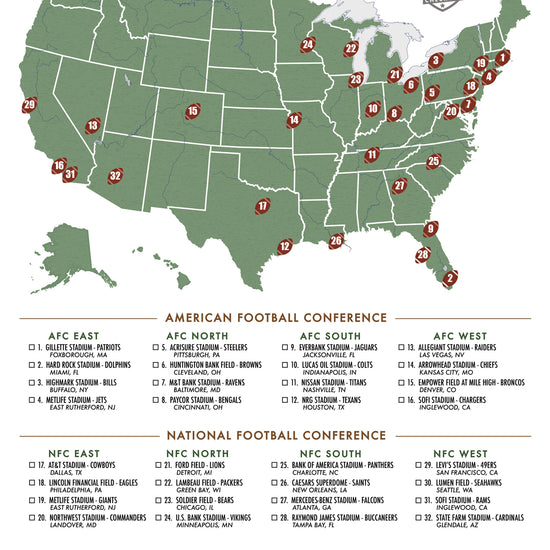 Nfl Conference Layout Framed NFL Stadiums Checklist Map – An Adventure Awaits LLC