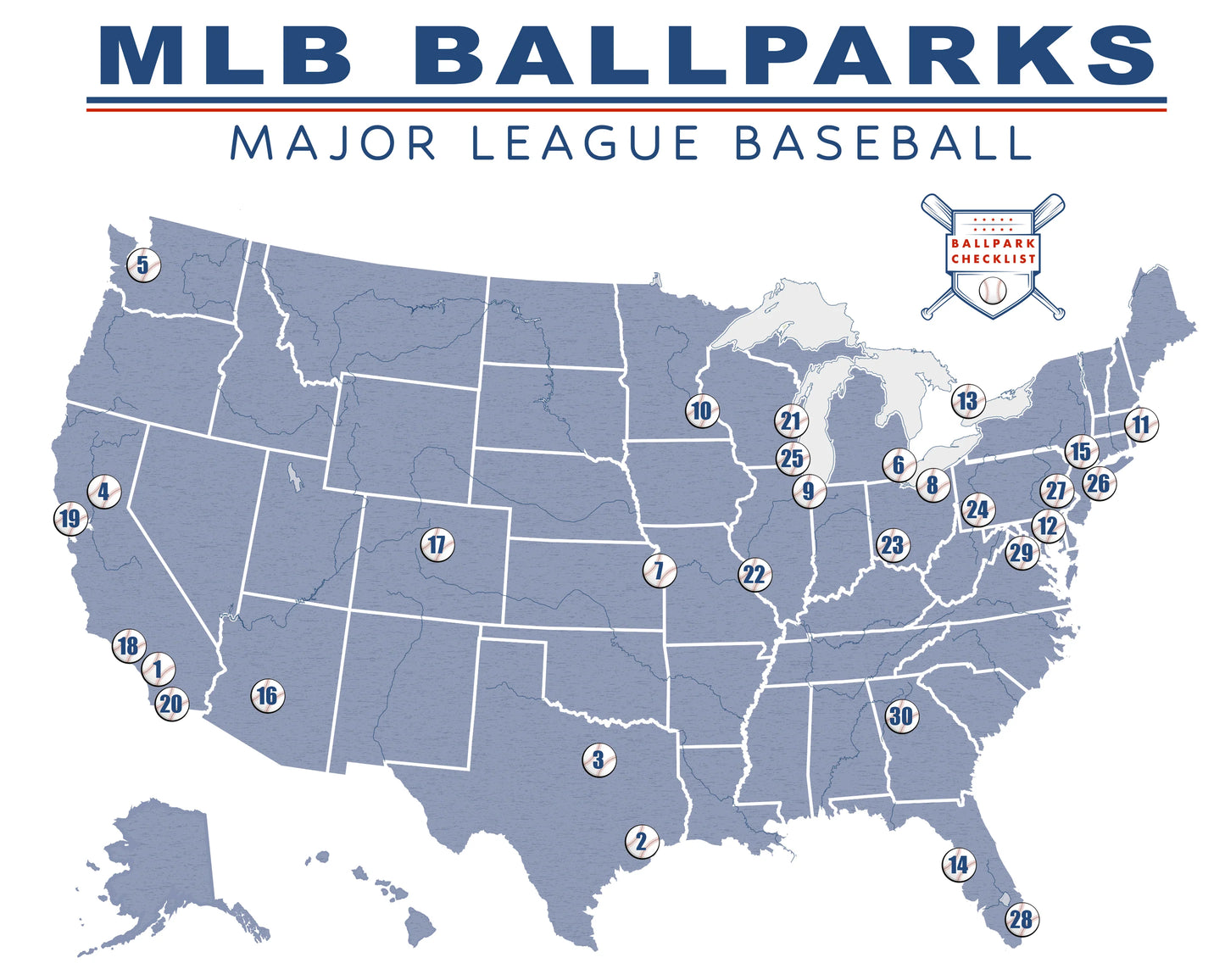 Framed MLB Ballpark Push Pin Map