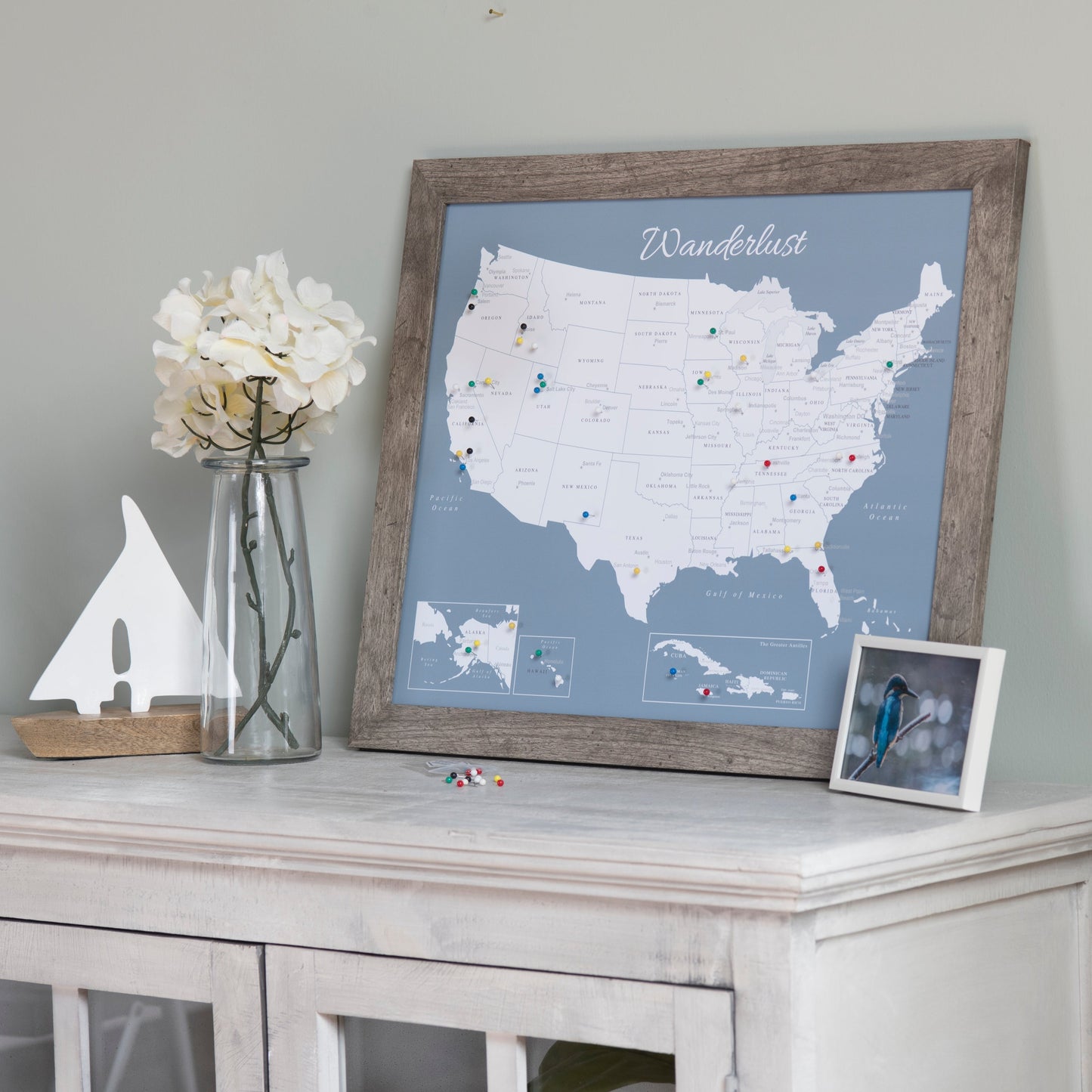 Framed USA Push Pin Map - Slate Blue