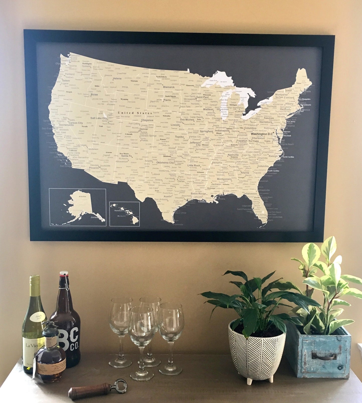detailed usa map charcoal and beige styles with frame in home