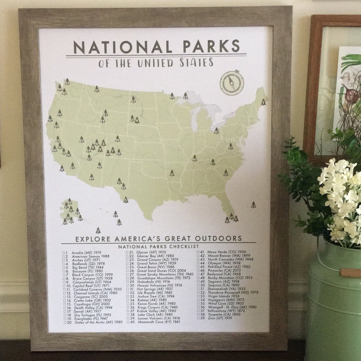 National Parks Map Checklist Poster - 63 Parks