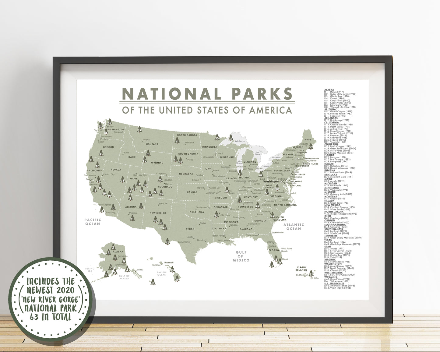 Detailed National Parks Map of the United States - 63 Parks
