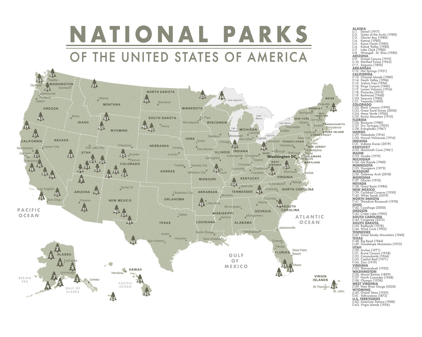 Detailed National Parks Map of the United States - 63 Parks