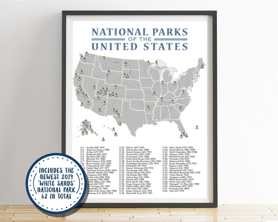 Load image into Gallery viewer, National Parks Map Checklist Poster Grey/Blue - 62 Parks
