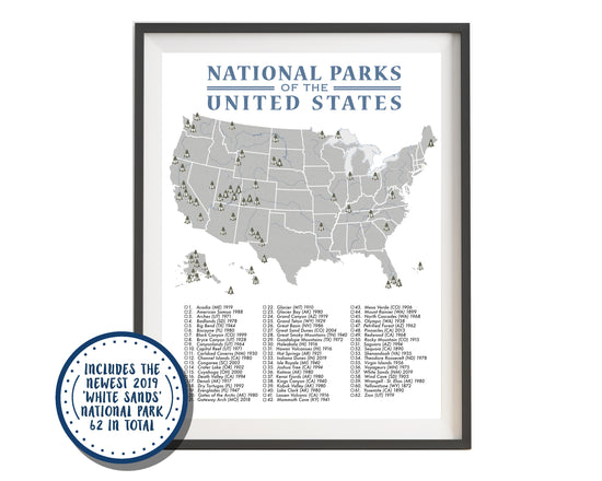 Load image into Gallery viewer, National Parks Map Checklist Poster Grey/Blue - 62 Parks
