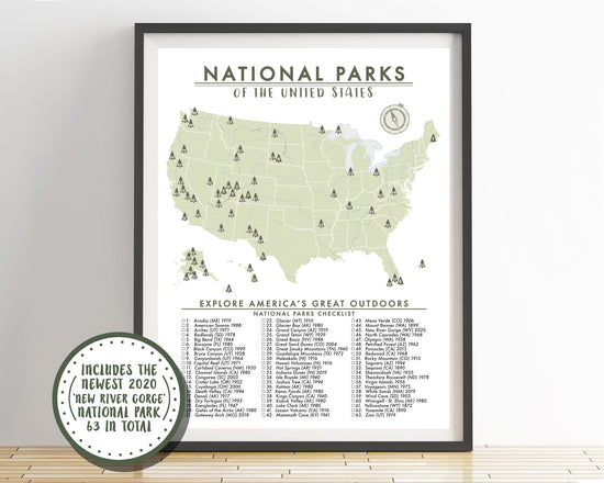National Parks Map Checklist Poster - 63 Parks