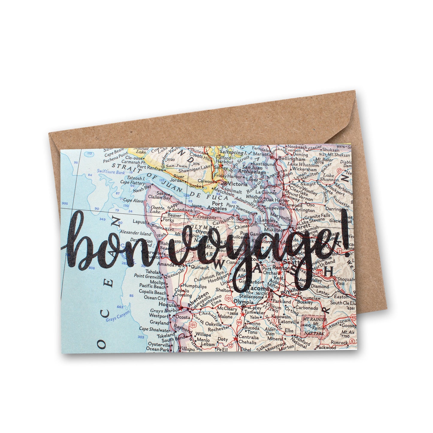 bon voyage greeting card hand lettered printed on vintage map