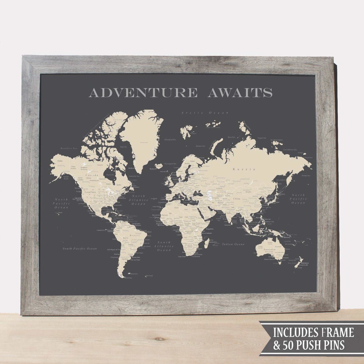 Load image into Gallery viewer, Framed World Push Pin Map - Charcoal Grey
