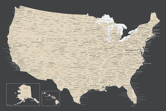 detailed usa map poster charcoal and beige