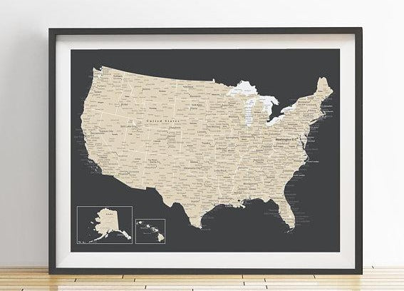 detailed usa map charcoal and beige styled with frame 